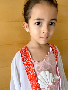 Onism collection white lurex chiffon batik trimmed kids beachwear resort wear beach kaftan in a matching mommy and me set