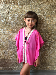 Sirena bubble gum pink satin hand sewn beaded trimmed womens beachwear resort wear beach kaftan in a matching mommy and me set