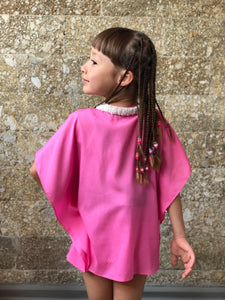 Sirena bubble gum pink satin hand sewn beaded trimmed womens beachwear resort wear beach kaftan in a matching mommy and me set