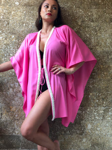 Sirena bubble gum pink satin hand sewn beaded trimmed womens beachwear resort wear beach kaftan in a matching mommy and me set