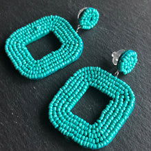 Load image into Gallery viewer, Yelia handmade beaded bold coloured statement dangle earrings in sea green