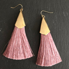 Load image into Gallery viewer, Thalia silk tassel boho chic glamorous silk tassel earrings with gold accents in mauve