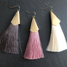 Load image into Gallery viewer, Thalia silk tassel boho chic glamorous silk tassel earrings with gold accents