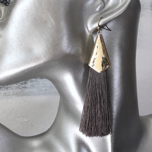 Thalia silk tassel boho chic glamorous silk tassel earrings with gold accents in gray