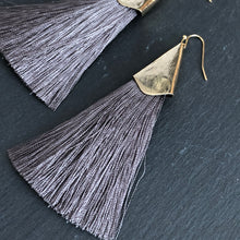 Load image into Gallery viewer, Thalia silk tassel boho chic glamorous silk tassel earrings with gold accents in gray