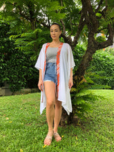 Load image into Gallery viewer, Onism collection white lurex chiffon batik trimmed womens beachwear resort wear beach kaftan 