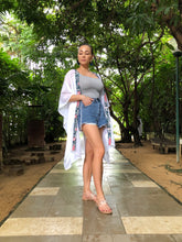 Load image into Gallery viewer, Onism collection white lurex chiffon batik trimmed womens beachwear resort wear beach kaftan