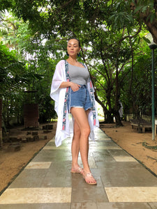 Onism collection white lurex chiffon batik trimmed womens beachwear resort wear beach kaftan