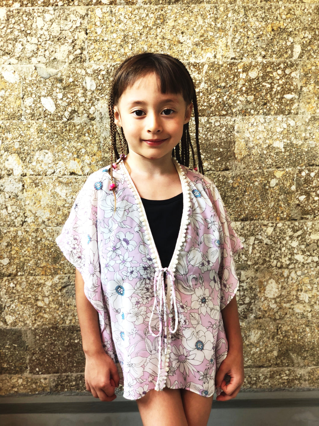 Leilani blush floral chiffon with pearl beaded trim kids beachwear resort wear beach kaftan in a matching mommy and me set