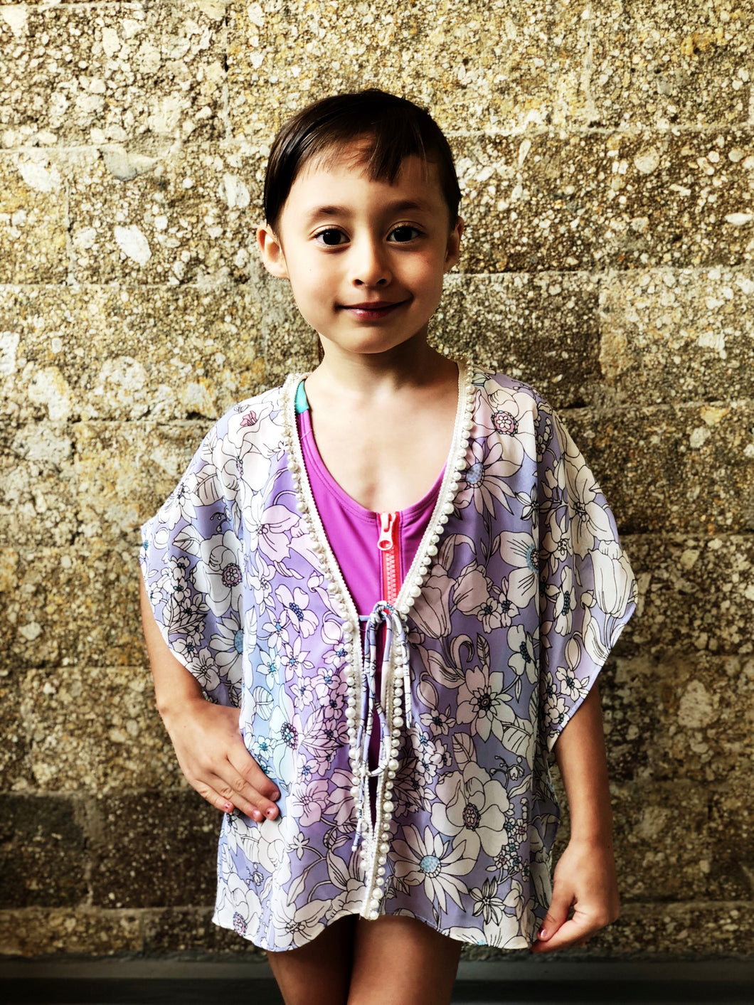 Leilani thistle purple floral chiffon with pearl beaded trim kids beachwear resort wear beach kaftan in a matching mommy and me set