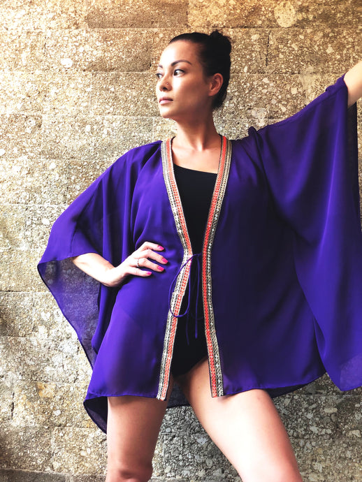 Zecca royal purple chiffon sequin trimmed womens beachwear resort wear beach kaftan in a mommy and me matching set
