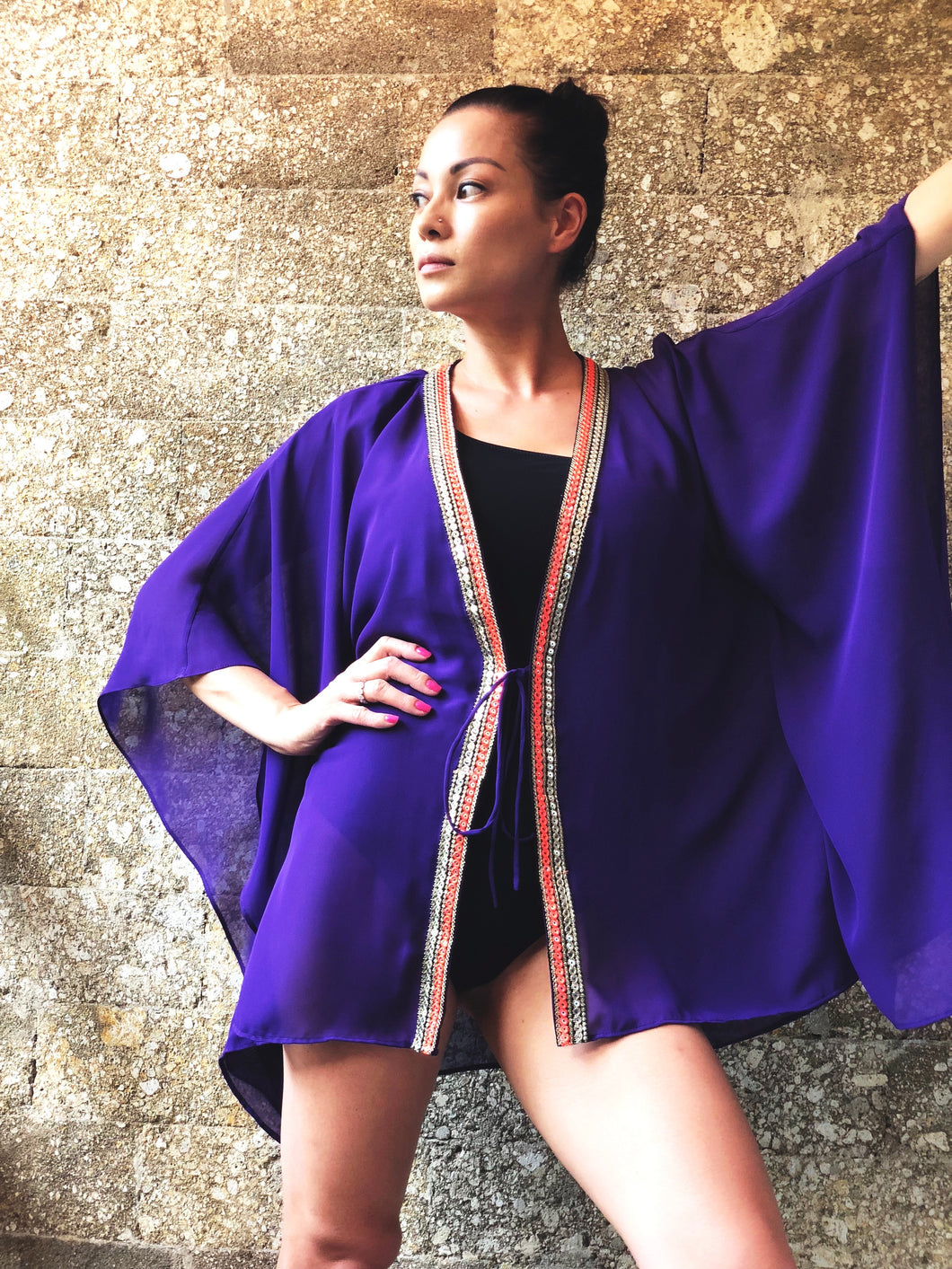Zecca royal purple chiffon sequin trimmed womens beachwear resort wear beach kaftan in a mommy and me matching set