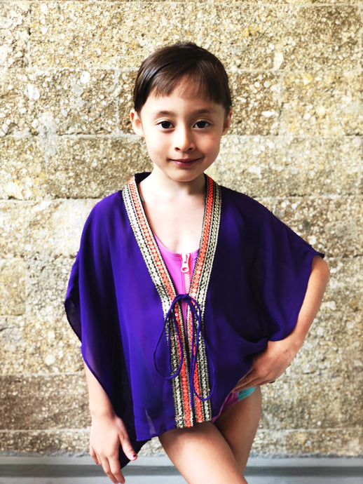 Zecca royal purple chiffon sequin trimmed kids beachwear resort wear beach kaftan in a mommy and me matching set