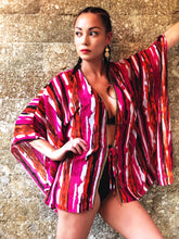 Load image into Gallery viewer, Diallo bold coloured abstract womens beachwear beach kaftan with gold fringe trim in a mommy and me matching set