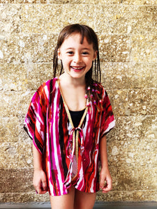 Diallo bold coloured abstract kids beachwear beach kaftan with gold trim in a mommy and me matching set