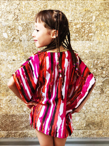Diallo bold coloured abstract kids beachwear beach kaftan with gold trim in a mommy and me matching set