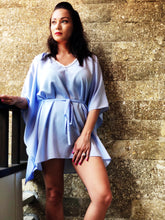 Load image into Gallery viewer, Saeta periwinkle purple satin pearl trimmed belted drawstring womens beachwear resort wear beach kaftan in a matching mommy and me set