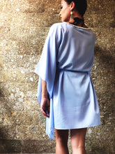 Load image into Gallery viewer, Saeta periwinkle purple satin pearl trimmed belted drawstring womens beachwear resort wear beach kaftan in a matching mommy and me set