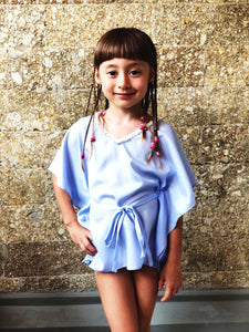 Saeta periwinkle purple satin pearl trimmed belted drawstring kids beachwear resort wear beach kaftan in a matching mommy and me set