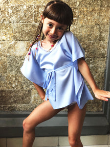 Saeta periwinkle purple satin pearl trimmed belted drawstring kids beachwear resort wear beach kaftan in a matching mommy and me set