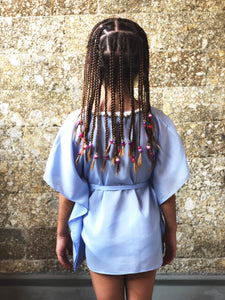 Saeta periwinkle purple satin pearl trimmed belted drawstring kids beachwear resort wear beach kaftan in a matching mommy and me set