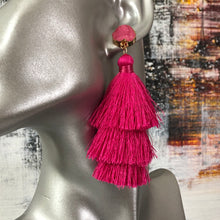 Load image into Gallery viewer, Lightweight 3-tier silk thread tassel earrings with druzy resin accents in fuchsia