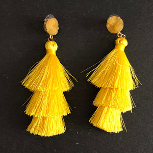 Lightweight 3-tier silk thread tassel earrings with druzy resin accents yellow
