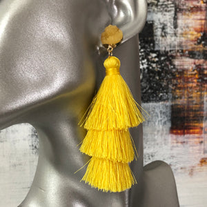 Lightweight 3-tier silk thread tassel earrings with druzy resin accents in yellow