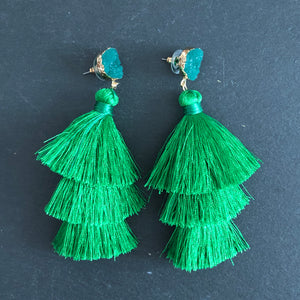 Lightweight 3-tier silk thread tassel earrings with druzy resin accents in green