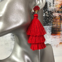 Load image into Gallery viewer, Lightweight 3-tier silk thread tassel earrings with druzy resin accents in red