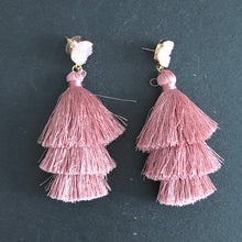 Load image into Gallery viewer, Lightweight 3-tier silk thread tassel earrings with druzy resin accents in blush