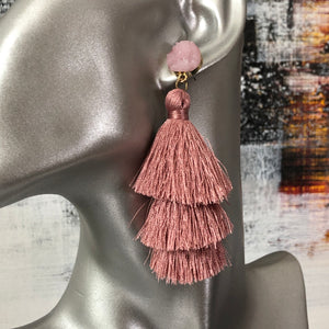 Lightweight 3-tier silk thread tassel earrings with druzy resin accents in blush