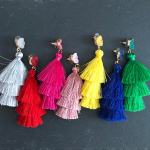 Lightweight 3-tier silk thread tassel earrings with druzy resin accents in grey, red, pink, blush, yellow, blue, and green