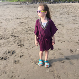 Jamaya hand-sewn multicoloured beaded kids beachwear beach kaftan in plum