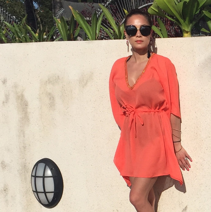 Sona orange chiffon hand sewn gold chain trimmed belted drawstring womens beachwear resort wear beach kaftan