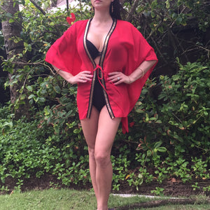Farrah red chiffon gold arrow trimmed womens beachwear beach kaftan