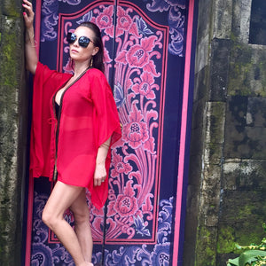Farrah red chiffon gold arrow trimmed womens beachwear beach kaftan