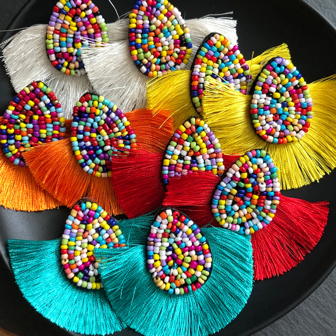 Gigi boho chic rainbow beaded fan tassel earrings