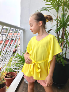Stella yellow satin rhinestone trimmed sleeves womens beachwear resort wear beach kaftan in a matching mommy and me set