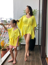 Load image into Gallery viewer, Stella yellow satin rhinestone trimmed sleeves womens beachwear resort wear beach kaftan in a matching mommy and me set