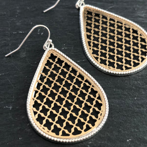 Roya ethnic inspired metallic tear drop dangle earrings in gold and silver
