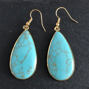 Damara natural stone tear drop dangle earrings with turquoise