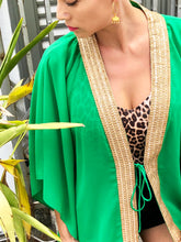 Load image into Gallery viewer, Saira palm chiffon gold saree trim womens beachwear resort wear beach kaftan