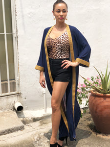 Isadora navy crepe chiffon gold saree trimmed womens beachwear beach kaftan robe