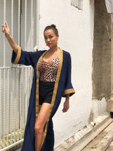 Load image into Gallery viewer, Isadora navy crepe chiffon gold saree trimmed womens beachwear beach kaftan robe