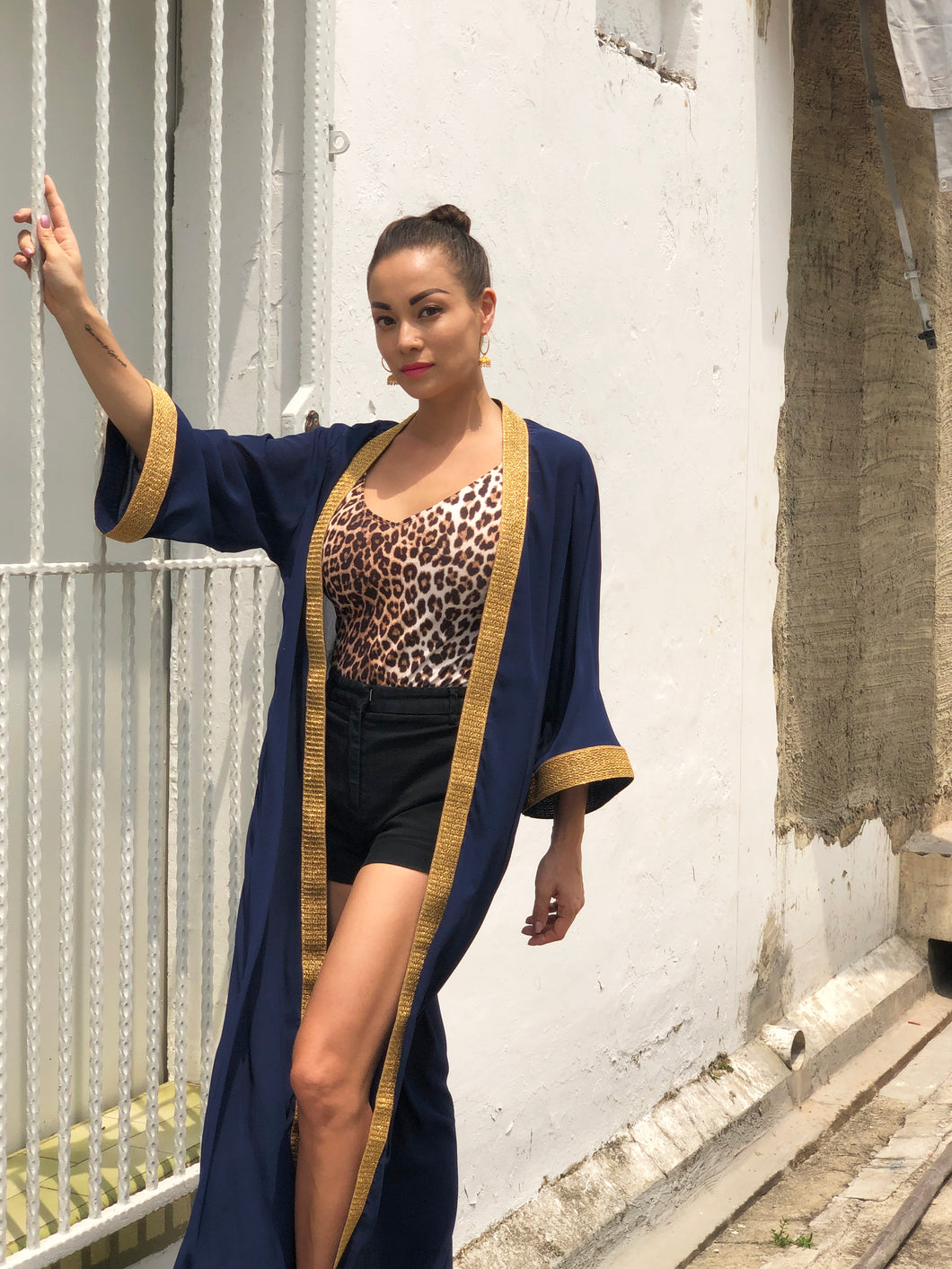 Isadora navy crepe chiffon gold saree trimmed womens beachwear beach kaftan robe