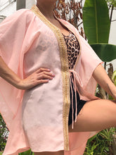 Load image into Gallery viewer, Neola pastel peach crepe chiffon gold saree trim womens beachwear resort wear beach kaftan