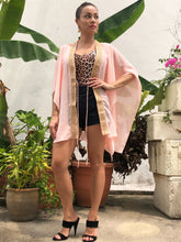 Load image into Gallery viewer, Neola pastel peach crepe chiffon gold saree trim womens beachwear resort wear beach kaftan