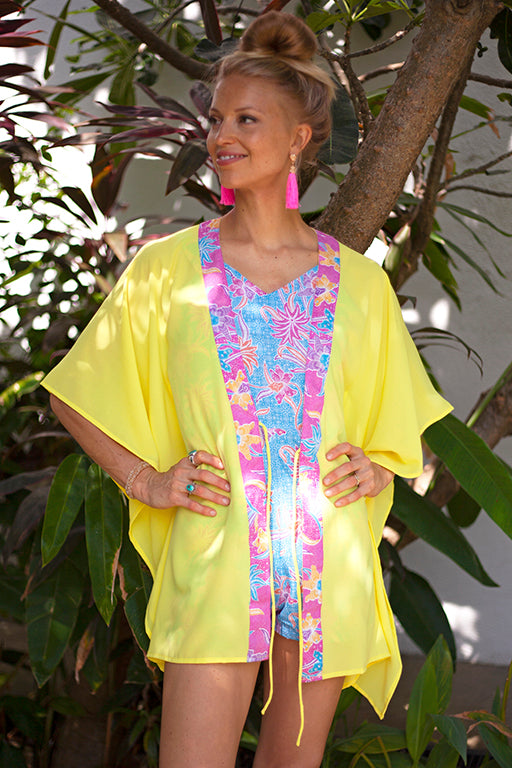 Lestari citrus yellow chiffon batik trimmed womens beachwear resort wear beach kaftan