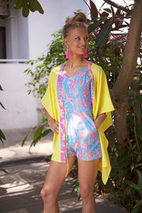 Lestari citrus yellow chiffon batik trimmed womens beachwear resort wear beach kaftan